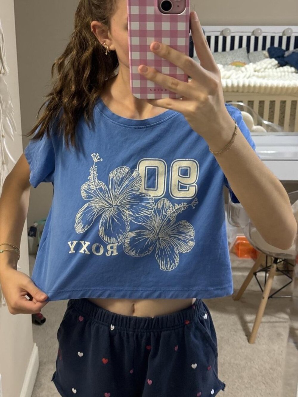 NWOT Roxy Blue with White Floral Design Crop Top Shirt Tee